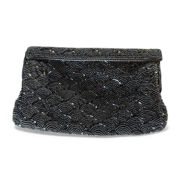 Vintage Jerome’s Black Gray Beaded Clutch Art Deco Evening Bag Formal 20" Chain - Picture 2 of 8